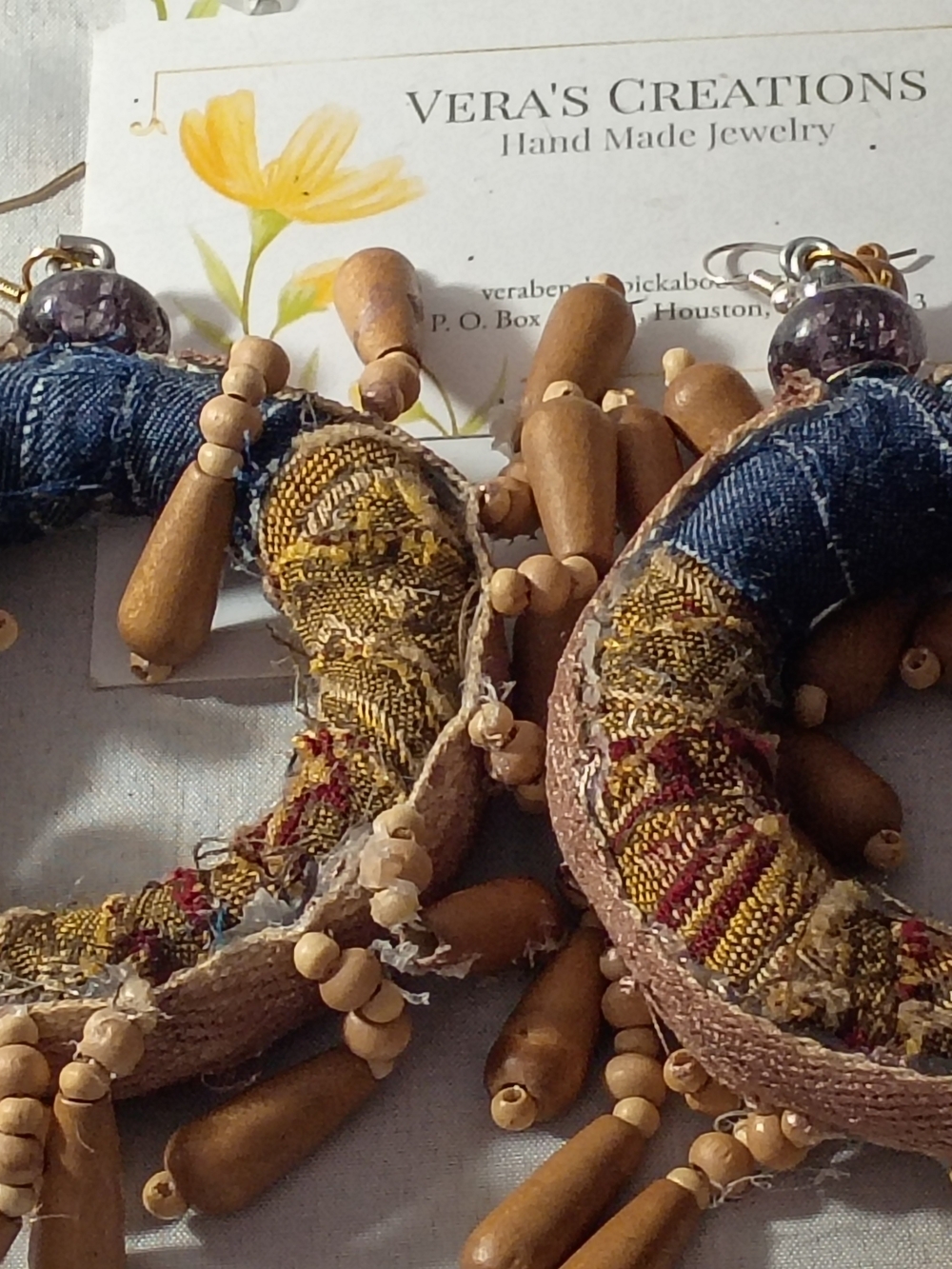 Boho Multicolor Textile Hoop Earrings with Wooden Beads